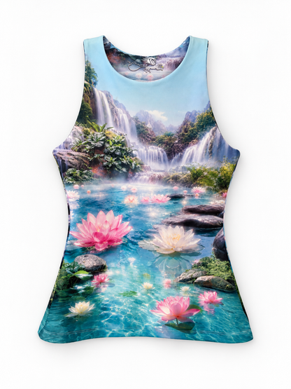Lotus Flower Tank Top, front view with pink lotus flowers and turquoise waterfall print.