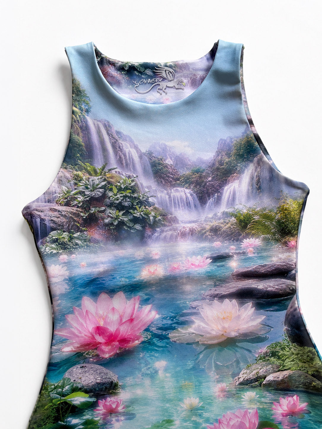 Close-up of the Lotus Flower Tank Top's neckline, stitching and lotus waterfall print.