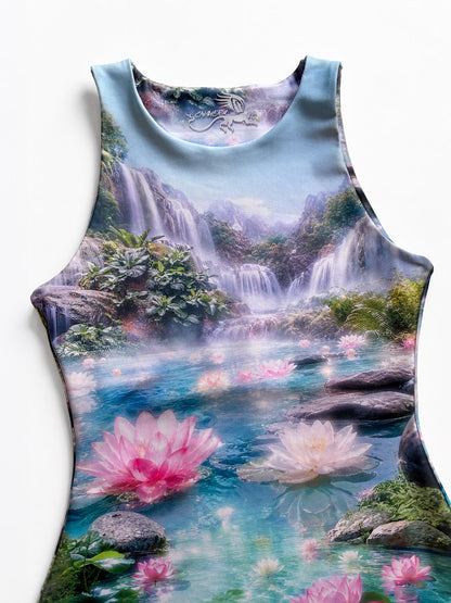 Close-up of the Lotus Flower Tank Top's neckline, stitching and lotus waterfall print.