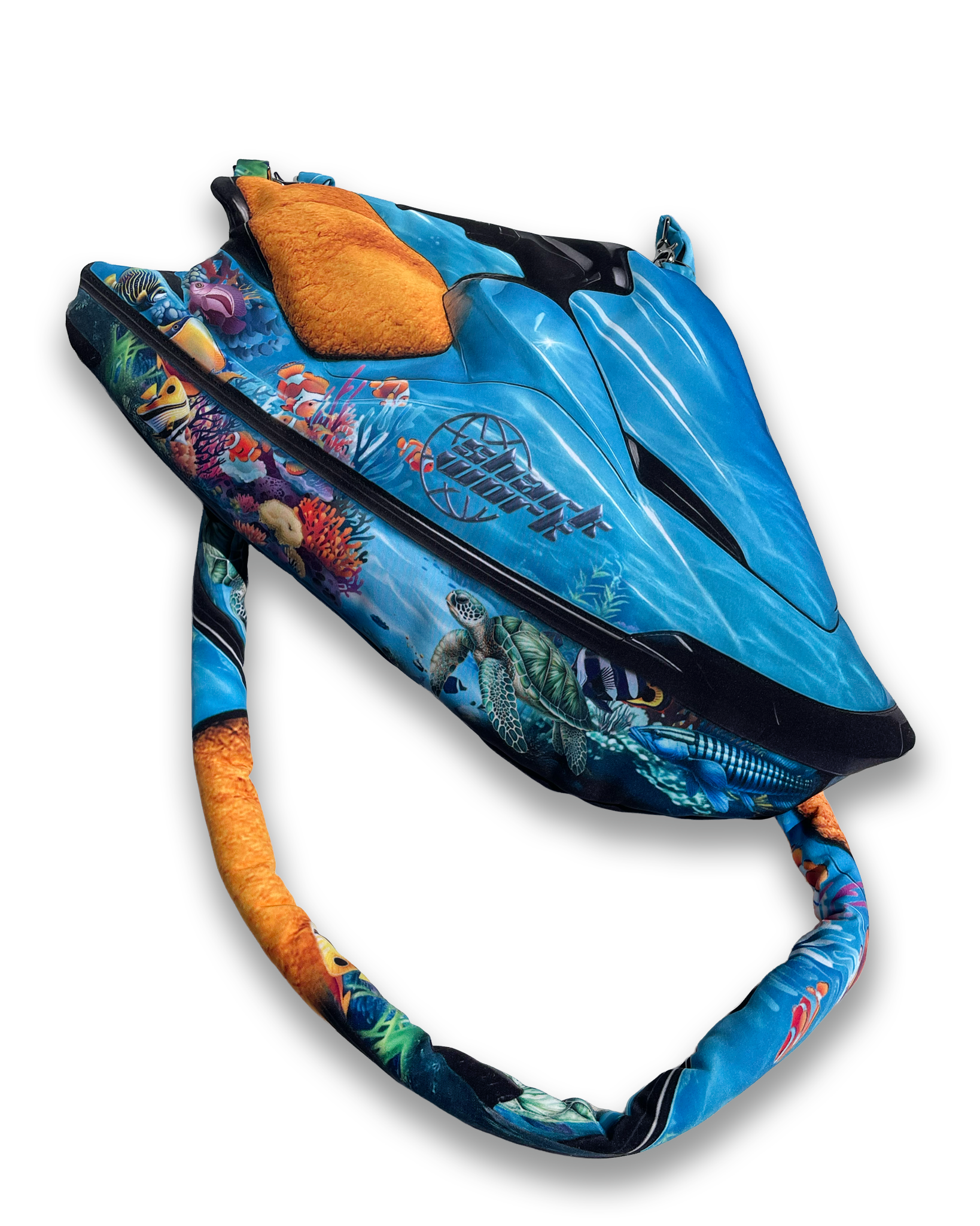 Cutout view of Sharkwork x Chimera Lab Jet ski bag with oceanic motifs and detachable printed strap