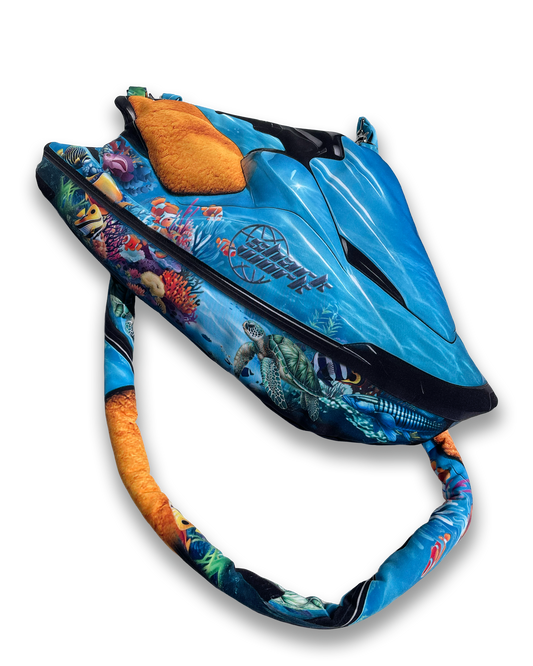 Cutout view of Sharkwork x Chimera Lab Jet ski bag with oceanic motifs and detachable printed strap