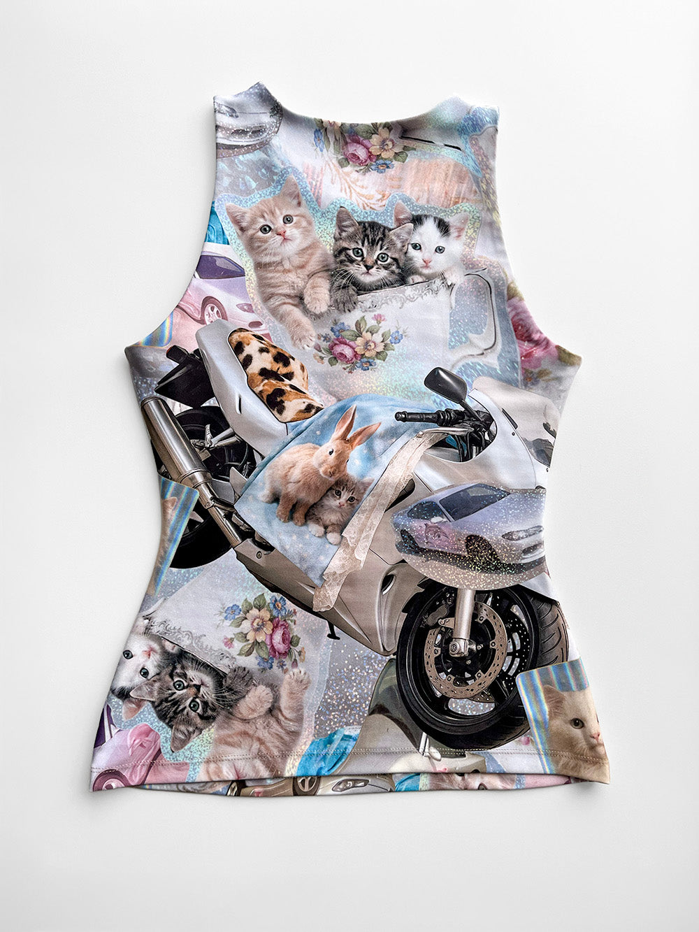 Sleeveless shirt with a motorcycle and animal Y2K collage design on a white background