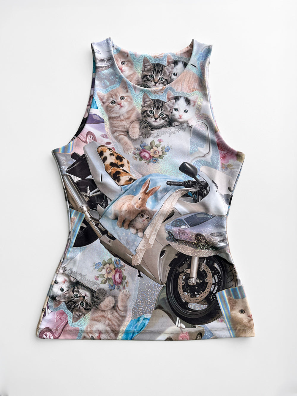 Tank top with a motorcycle and cat collage design in Y2K nostalgic style with sticker print on a white background