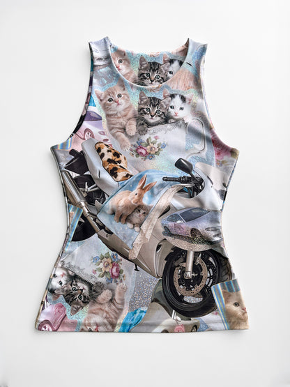 Tank top with a motorcycle and cat collage design in Y2K nostalgic style with sticker print on a white background