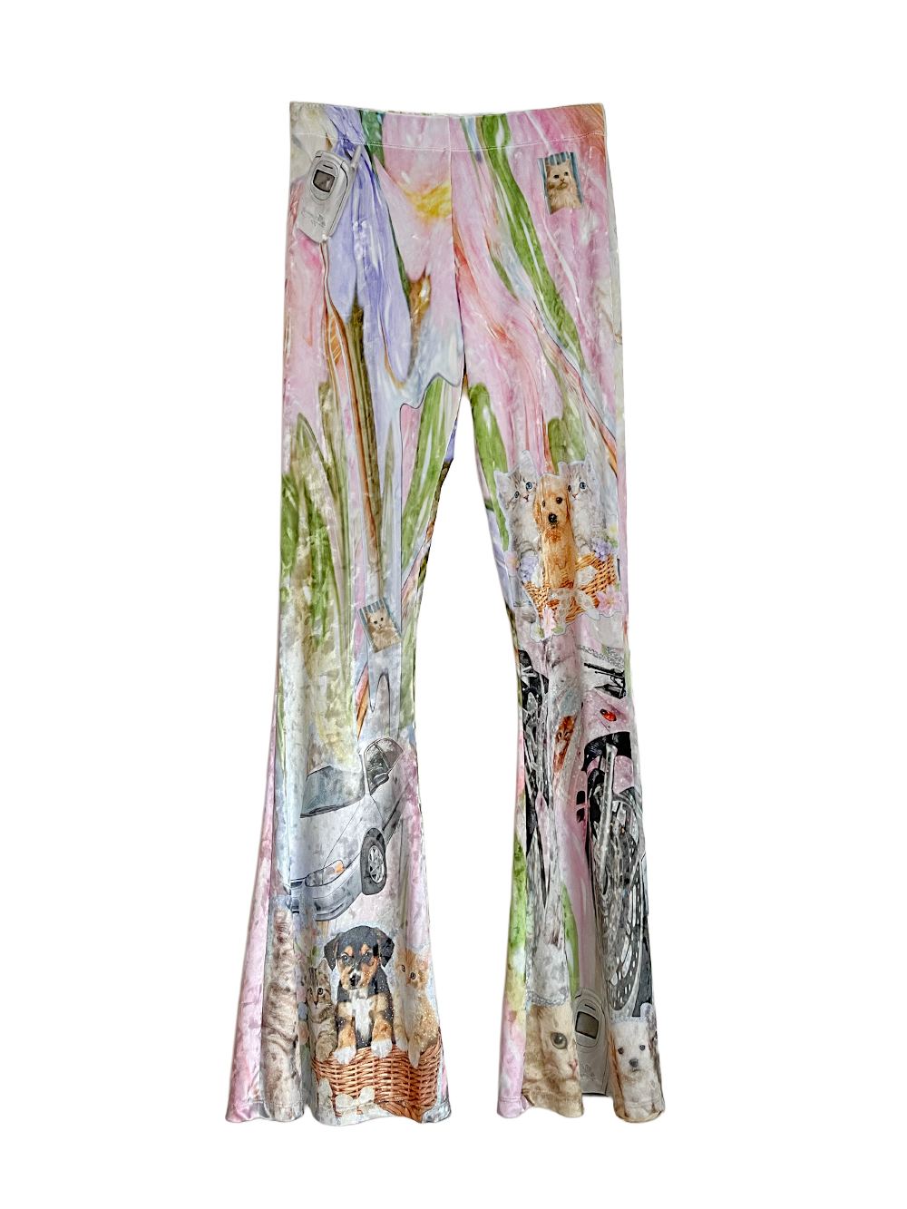 Colorful leggings with cute puppy and kitten, and ar sticker prints on a transparent background.