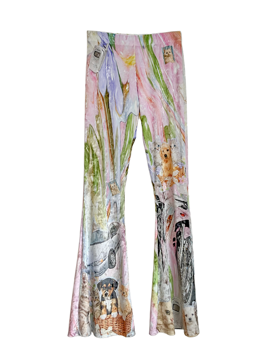 Colorful leggings with cute puppy and kitten, and ar sticker prints on a transparent background.