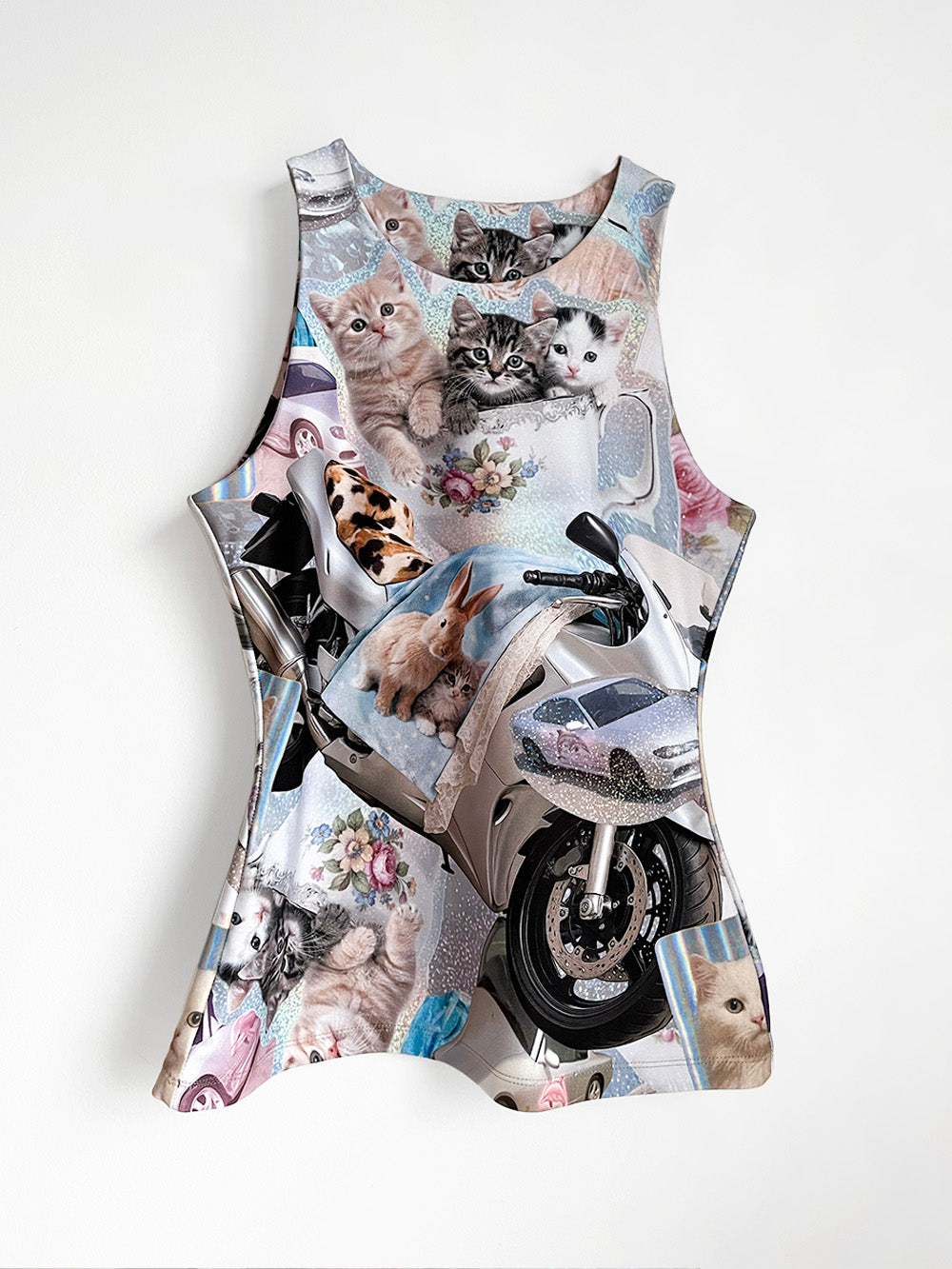 Sleeveless shirt with motorcycle and cute kitten sticker print on a white background.