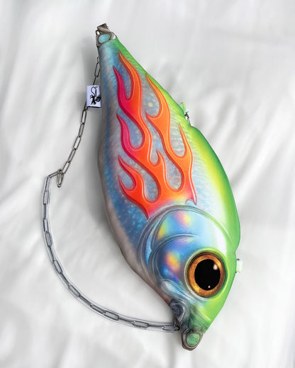 Flat lay of large Trophy Fish Bag with detachable chain strap on white background.