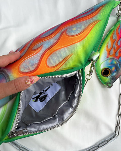 Interior view of Trophy Fish Bag with satin lining and Chimera Lab label.