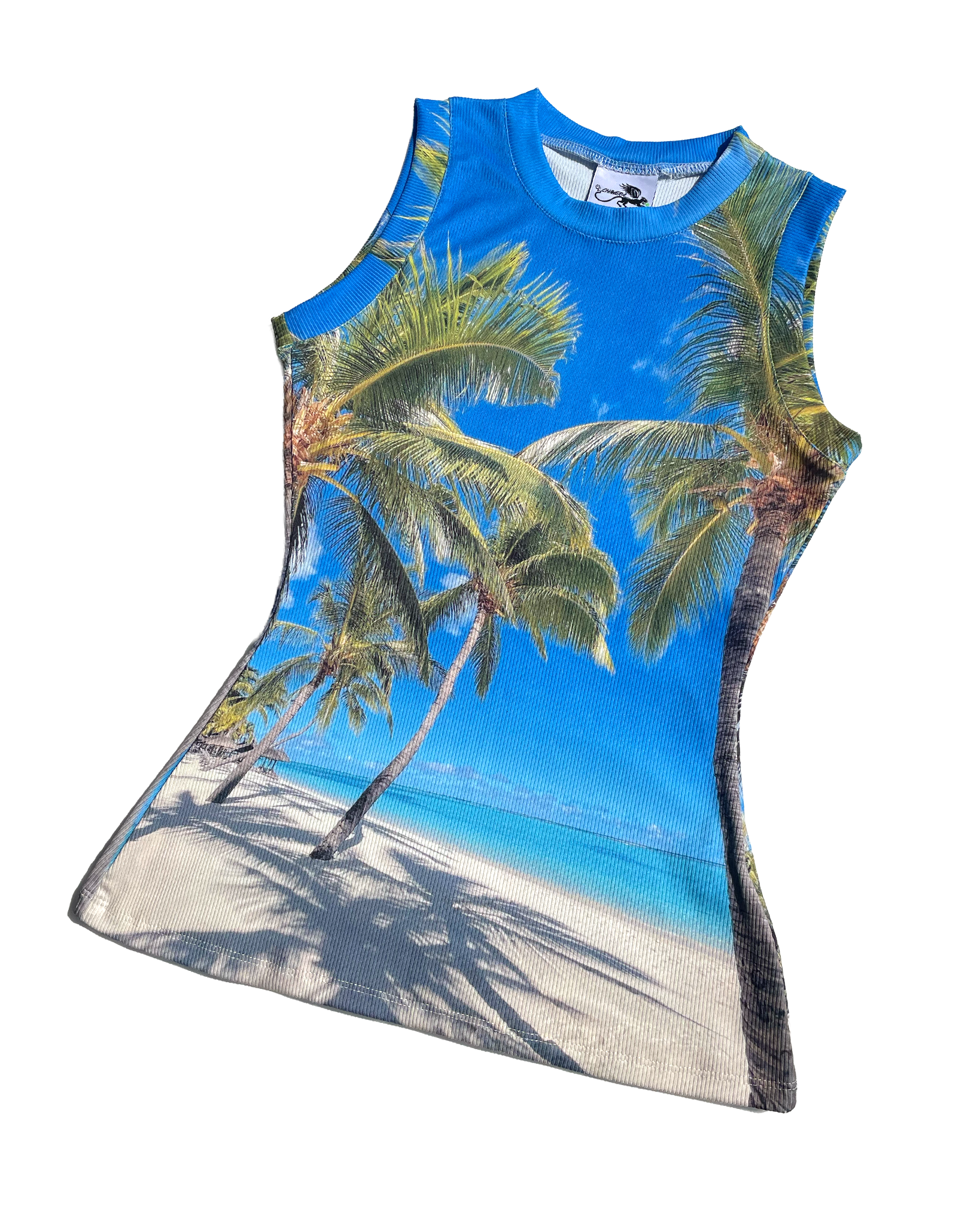 Front view of Tropical.jpeg Top by Chimera Lab laid flat showing digital palm beach print