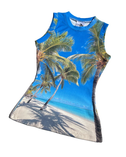 Front view of Tropical.jpeg Top by Chimera Lab laid flat showing digital palm beach print