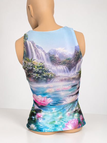 Back of the Lotus Flower Tank Top on a mannequin, showing the waterfall landscape print.