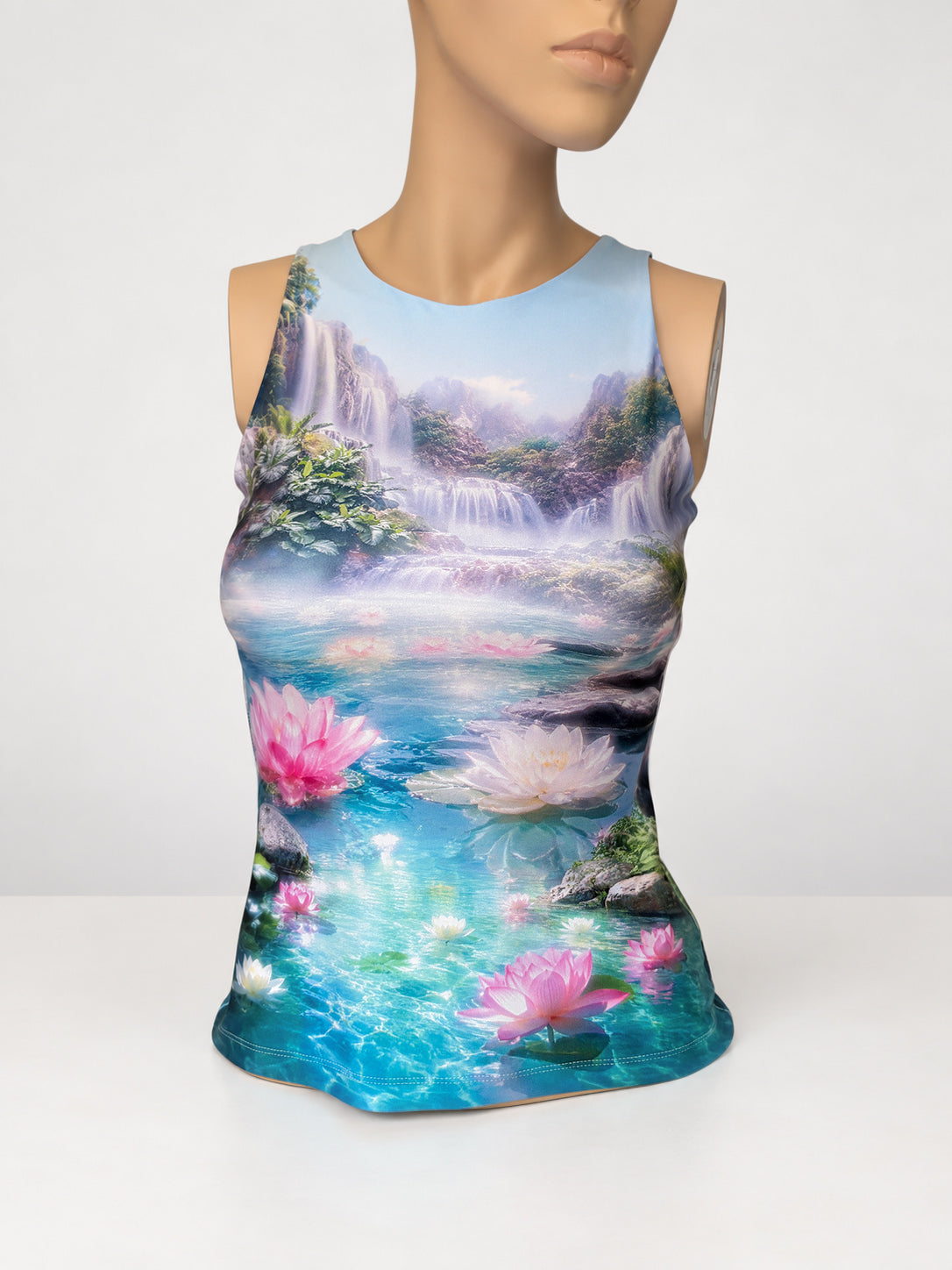 Front of the Lotus Flower Tank Top on a mannequin, showing its round neckline and fitted shape.