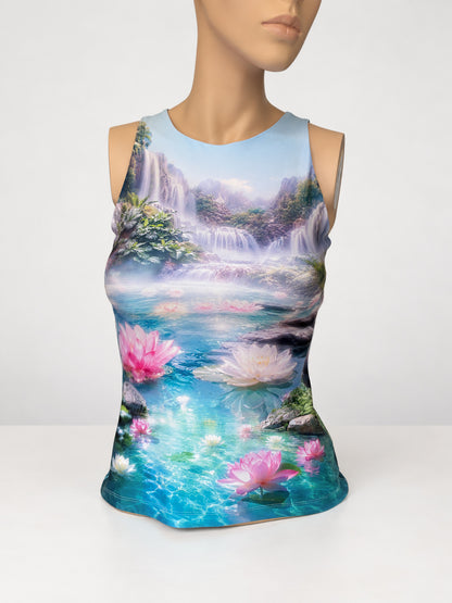 Front of the Lotus Flower Tank Top on a mannequin, showing its round neckline and fitted shape.